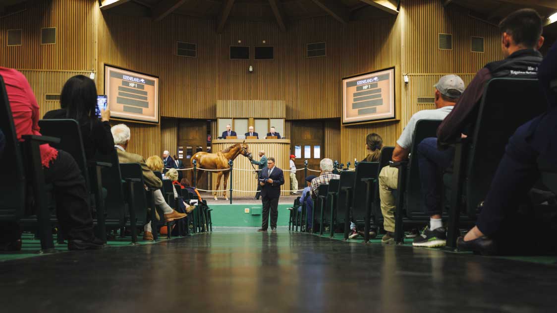 Center aisle viewe of Keeneland sales arena during auction